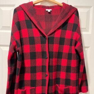 JJill Red/Black Buffalo Plaid Hooded Sweater/Cardigan/Lightweight Jacket